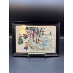 VTG Watercolor on Fabric Framed Artwork, Pair